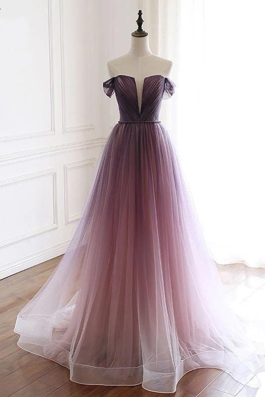 A Line Off the Shoulder Tulle Long Prom Dresses, Lace up Simple Party Dresses SRS15008