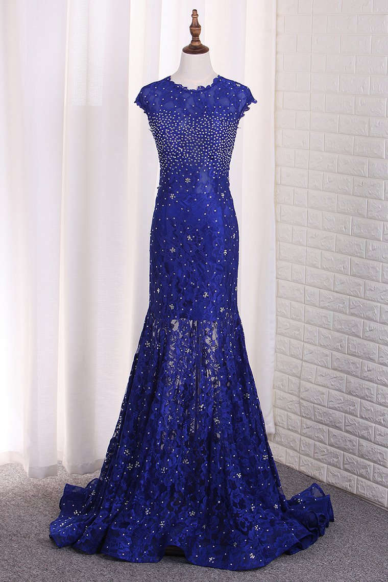 2024 Sexy Open Back Mermaid Prom Dresses Scoop Lace With Beading