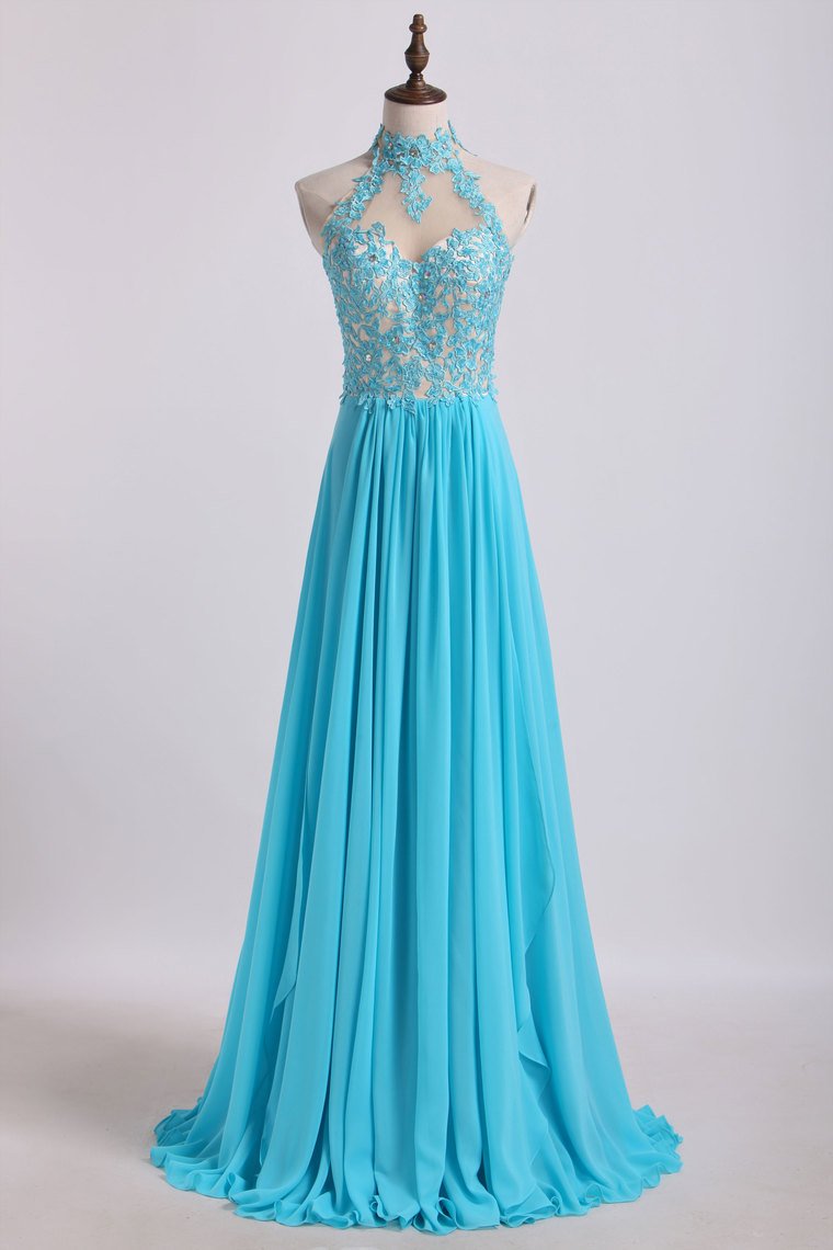 2024 High Neck A Line Prom Dresses With Applique&Beads Chiffon