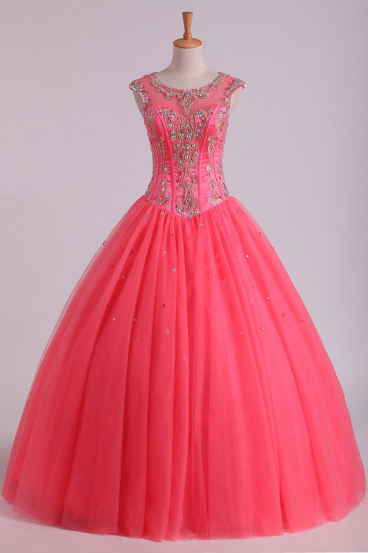 2024 Open Back Quinceanera Dresses Scoop With Embroidery & Beading Floor Length