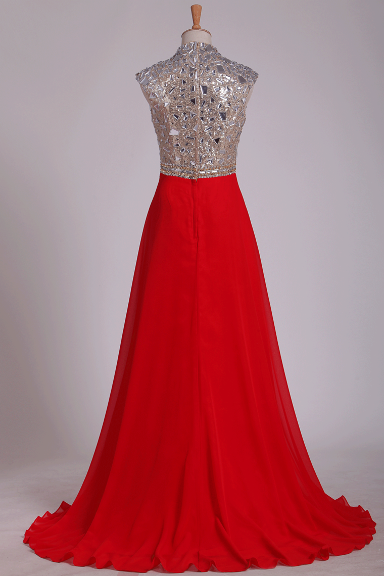2024 Prom Dresses V Neck A Line Beaded&Sequined With Slit Sweep Train Chiffon