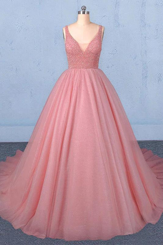 Ball Gown V Neck Tulle Prom Dress with Beads, Puffy Pink Sleeveless Quinceanera Dresses SRS15074