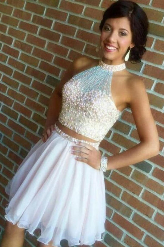 A Line/Princess Halter Homecoming Dresses Chiffon Beaded Bodice Two Pieces