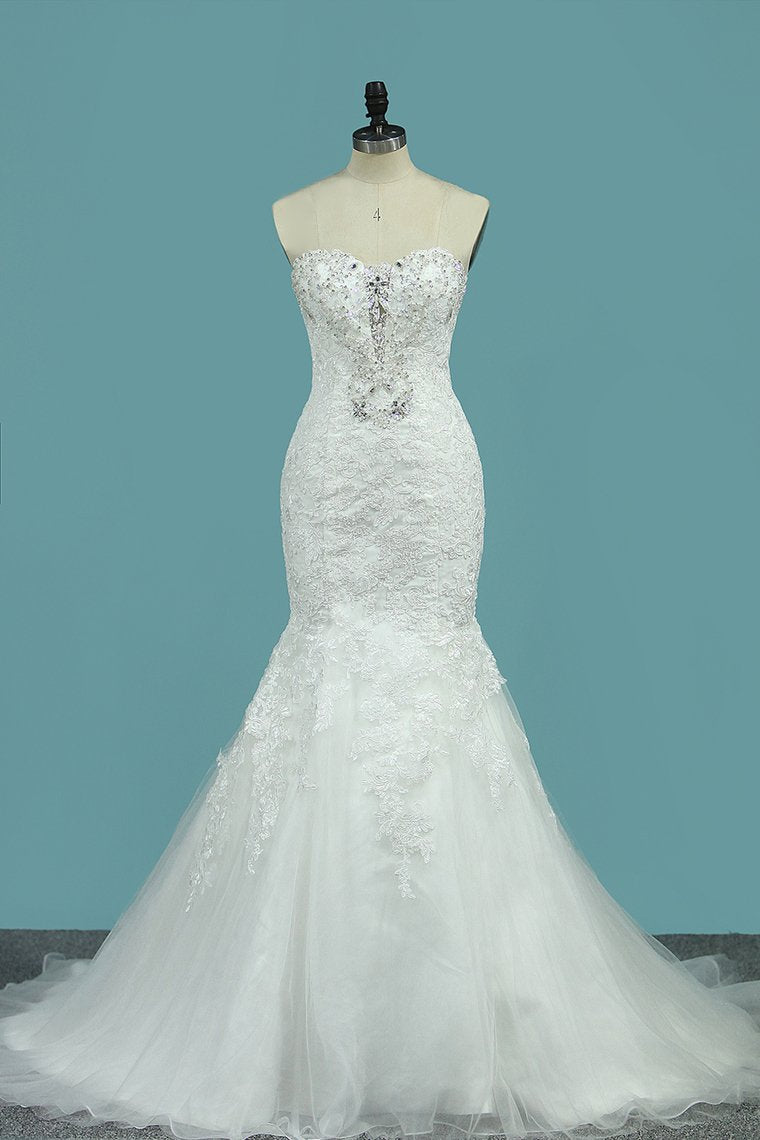 2024 Strapless Mermaid/Trumpet Wedding Dresses Court Train With Beads And Applique