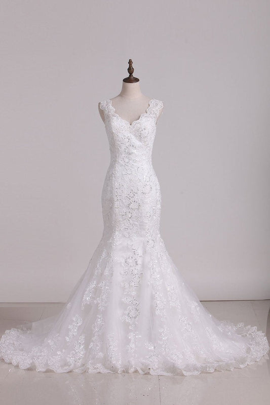 2024 Wedding Dress V Neck With Applique Mermaid/Trumpet Tulle Chapel Train