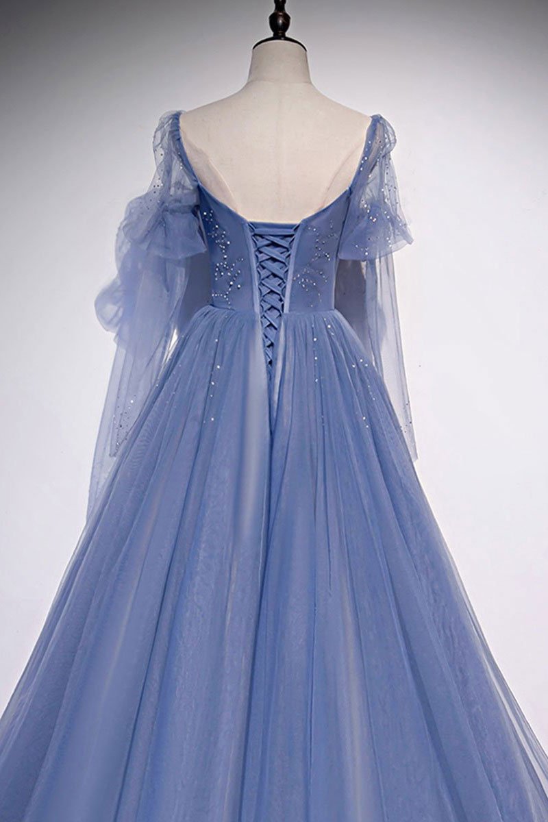 Blue sweetheart tulle sequin long prom dress blue formal dress