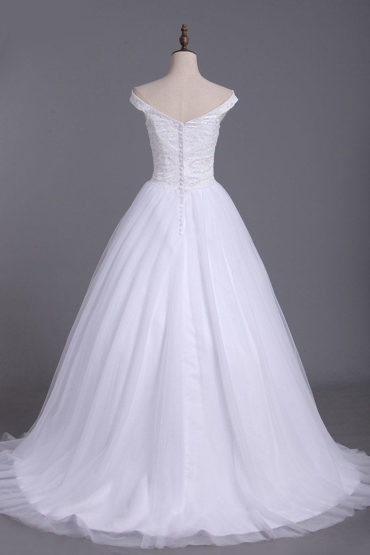 White Off The Shoulder Beaded Bodice Tulle A Line Wedding Dresses