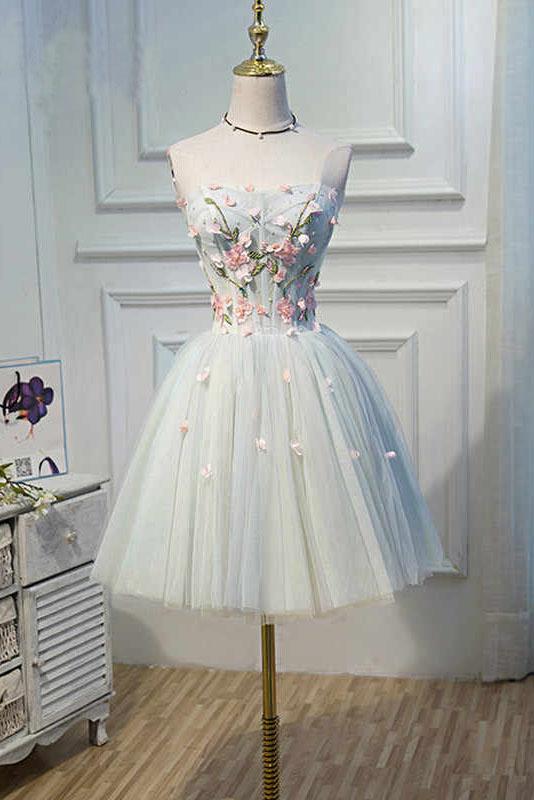 Cute Blue Strapless Tulle Homecoming Dresses with 3D Flowers Lace up Dance Dresses SRS14970