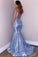Glitter Spaghetti Straps V Neck Blue Mermaid V Neck Prom Dresses, Party SRS20419