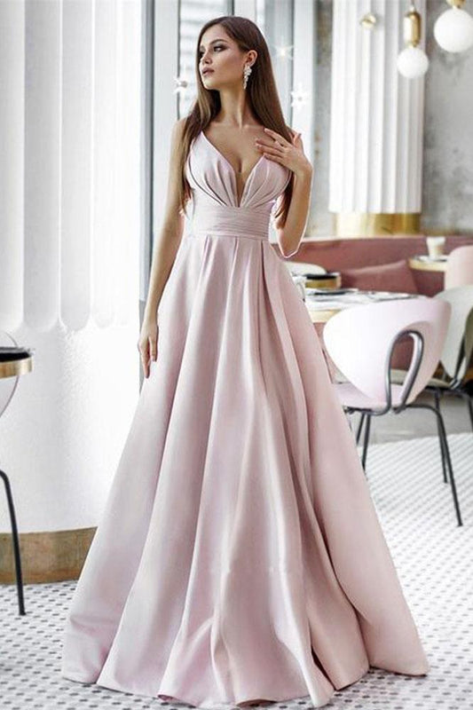 Vintage A Line Pink Satin Long Evening Dresses, Simple Dance Formal Dresses SRS15541