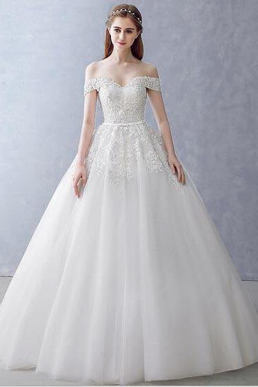 White Off-the-Shoulder Ball Gown Beads Sweetheart Floor-Length Wedding Dress JS751