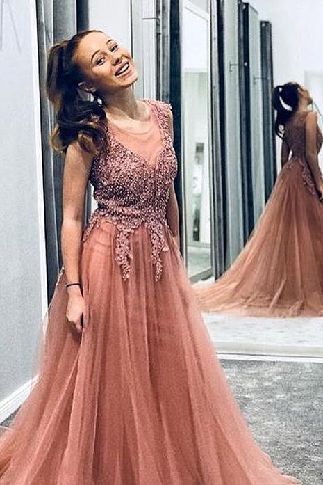A Line Beaded Long Rosy Brown Tulle Prom Dresses, Round Neck Evening Dresses SRS14991