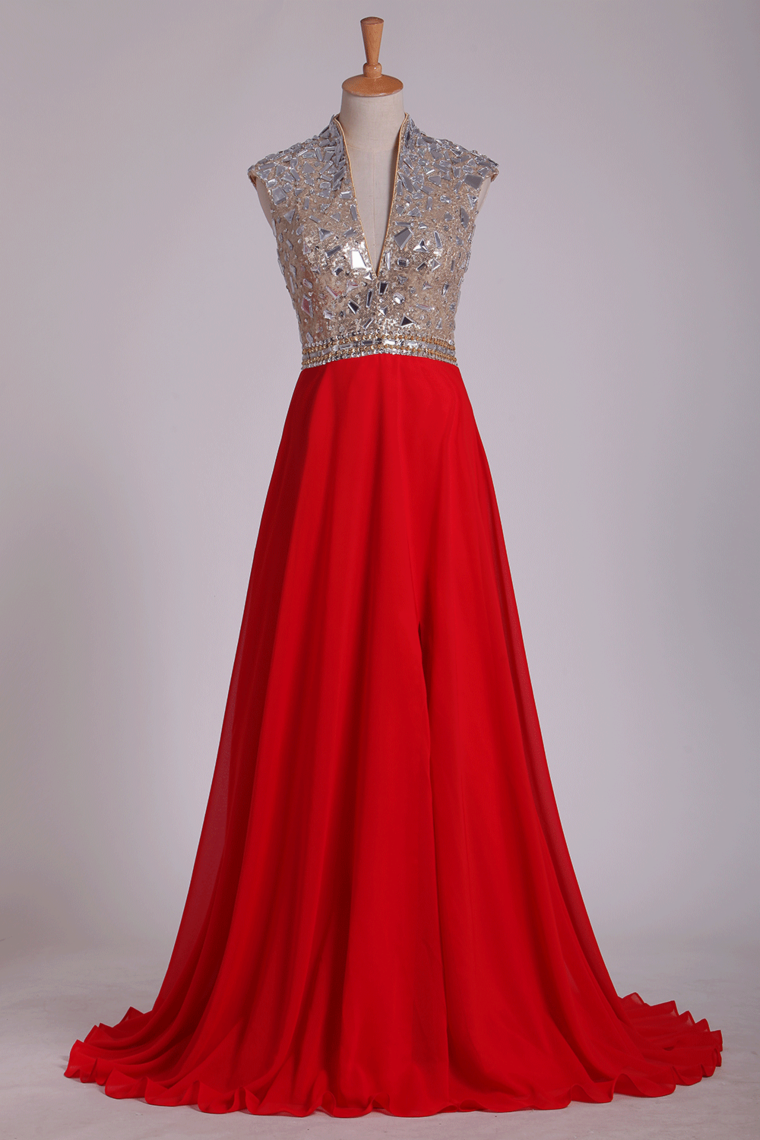 2024 Prom Dresses V Neck A Line Beaded&Sequined With Slit Sweep Train Chiffon