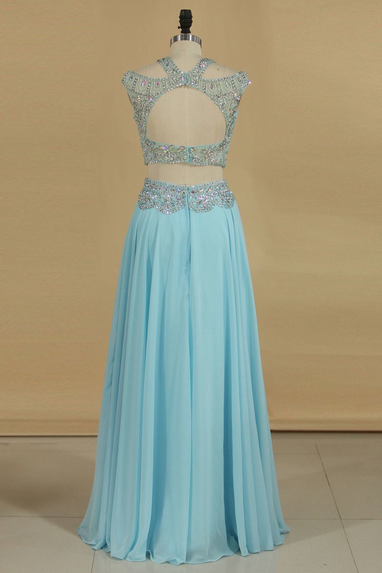 2024 A Line Prom Dresses Two Pieces Scoop Beaded Bodice Chiffon Sweep Train Open Back