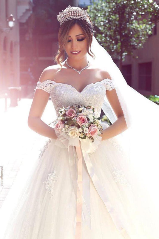 2024 New Wedding Dress Off The Shoulder A-Line Off-The-Shoulder Court Train Tulle With Applique