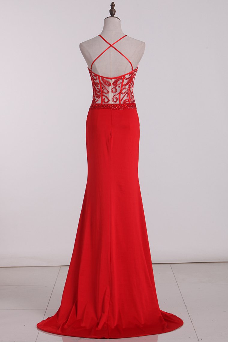 2024 Mermaid Prom Dresses Spaghetti Straps Spandex With Beads And Slit