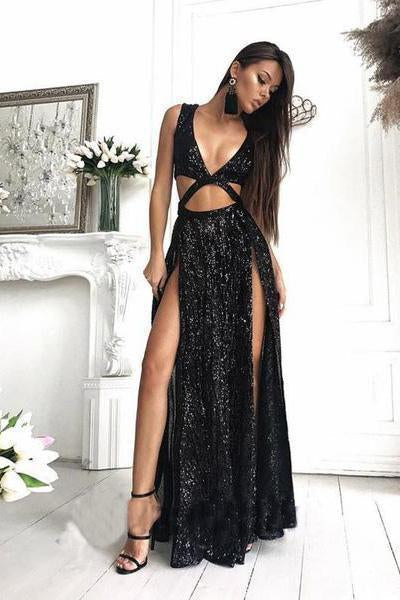 2024 Charming Sexy Sequin Sparkly Simple Rose Gold and Black Split Fashion Prom SRS10074