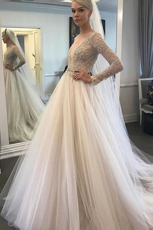 2024 Long Sleeves Bateau Wedding Dresses Tulle A Line With Applique Court Train