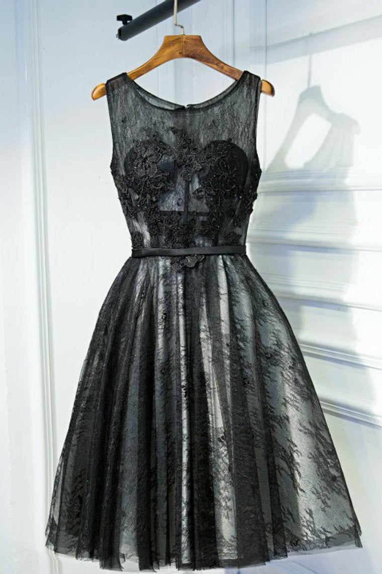 Lace Scoop With Applique And Sash A Line Homecoming Dresses