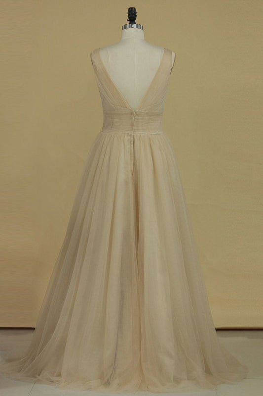 2024 A Line V Neck Open Back Bridesmaid Dresses Ruched Bodice Tulle Floor Length