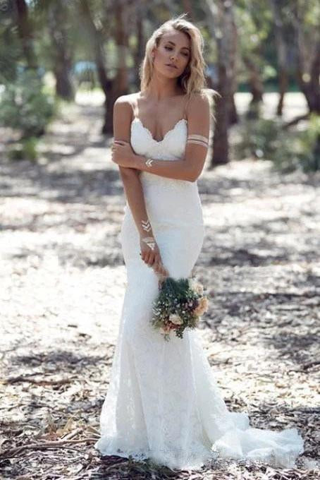 Sexy Spaghetti Straps Mermaid Lace Ivory Wedding Dresses, V Neck Beach Wedding Gowns SRS15359