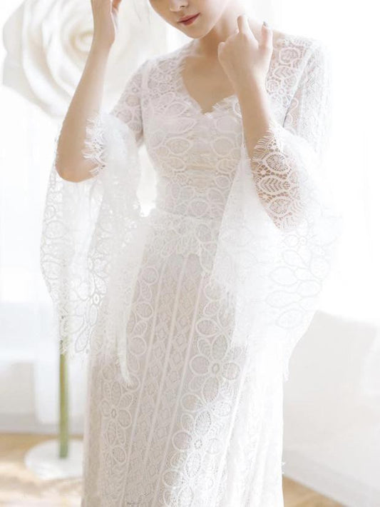 Unique V Neck Lace-up Mermaid Back Bridal Dresses Ivory Lace Trumpet Sleeve Wedding Dresses SRS15469