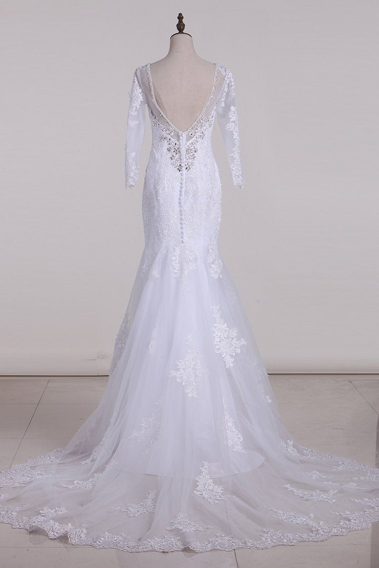 2024 V-Neck 3/4 Length Sleeve Wedding Dresses Mermaid Tulle With Beads And Applique Court Train
