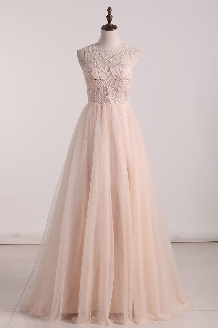 2024 New Arrival Scoop Beaded Bodice Prom Dresses Tulle A Line