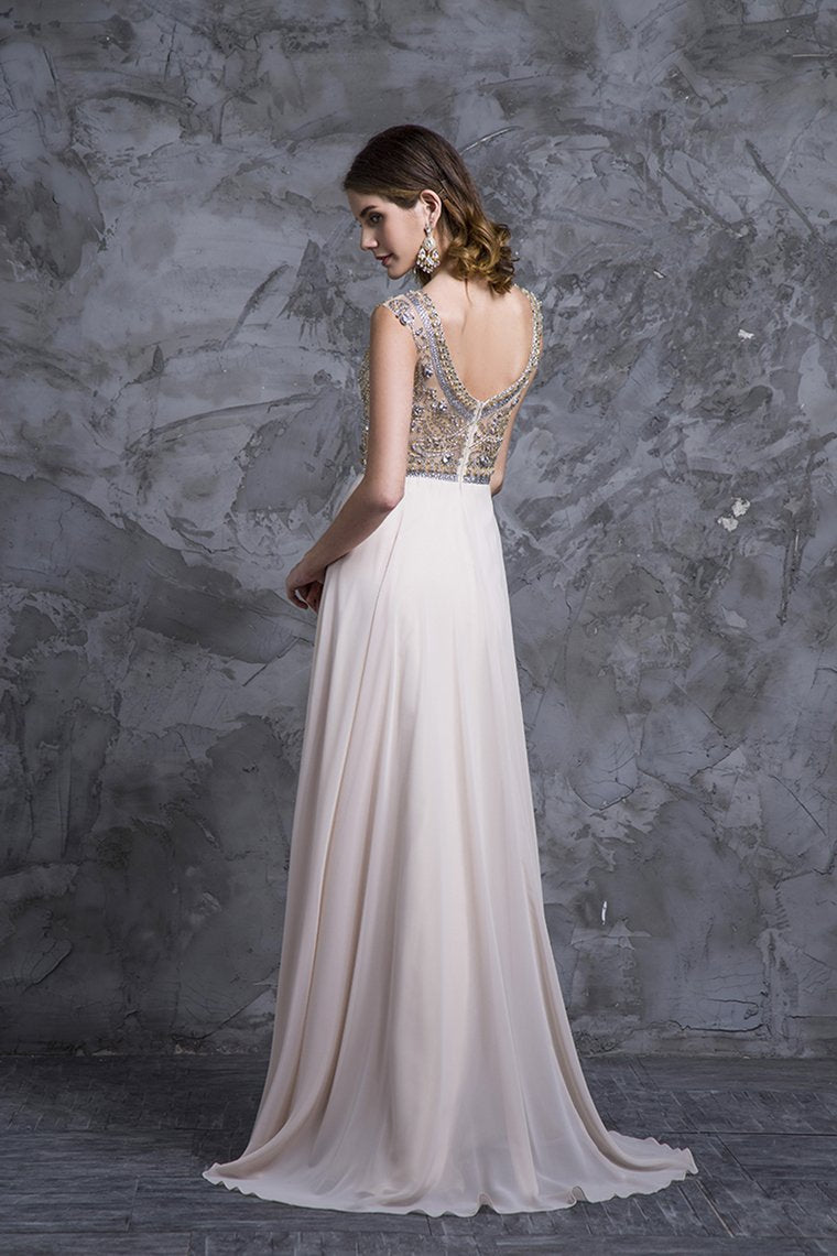 2024 Prom Dresses A-Line Scoop Beaded Bodice Floor-Length Chiffon Zipper Back