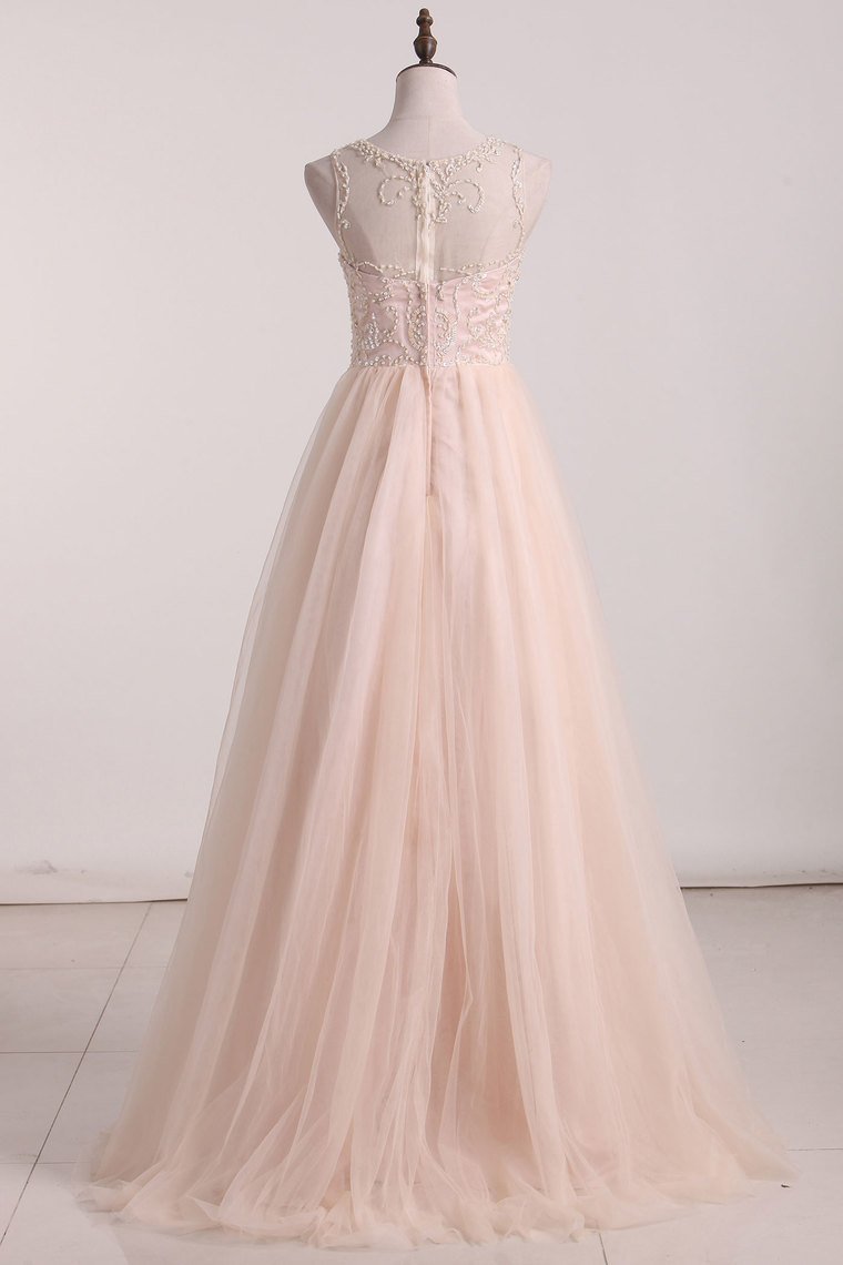2024 New Arrival Scoop Beaded Bodice Prom Dresses Tulle A Line