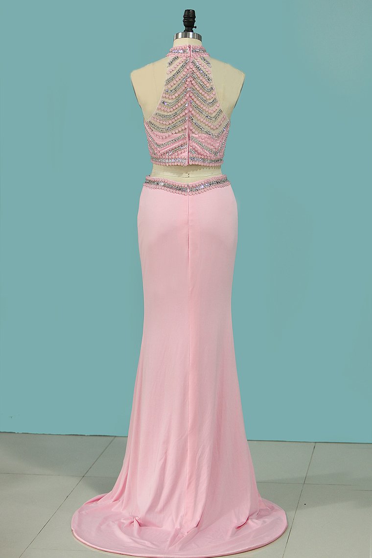 2024 Two-Piece Prom Dresses Mermaid Spandex High Neck Beaded Bodice