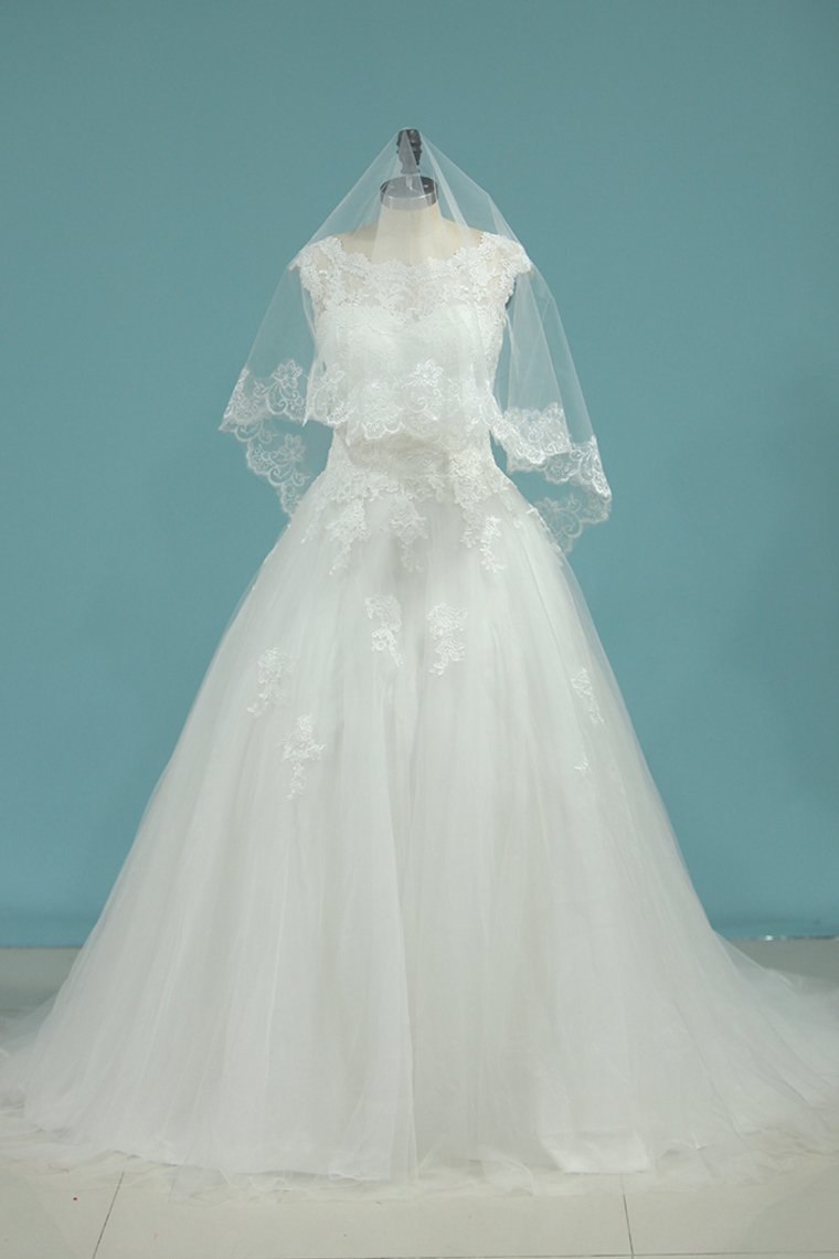 2024 Tulle Bateau Wedding Dresses Open Back With Applique Chapel Train