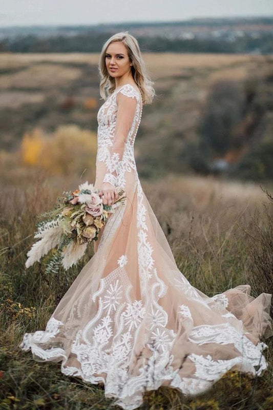Long Sleeves Boho Wedding Dress With Appliques Mermaid SRSP22A7X4E