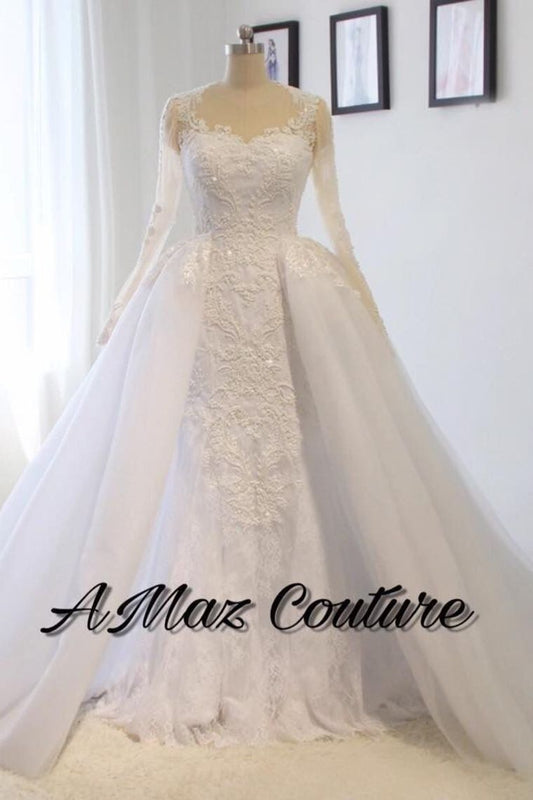 2024 Scoop Long Sleeves Wedding Dresses Mermaid Tulle With Beading Court Train Detachable