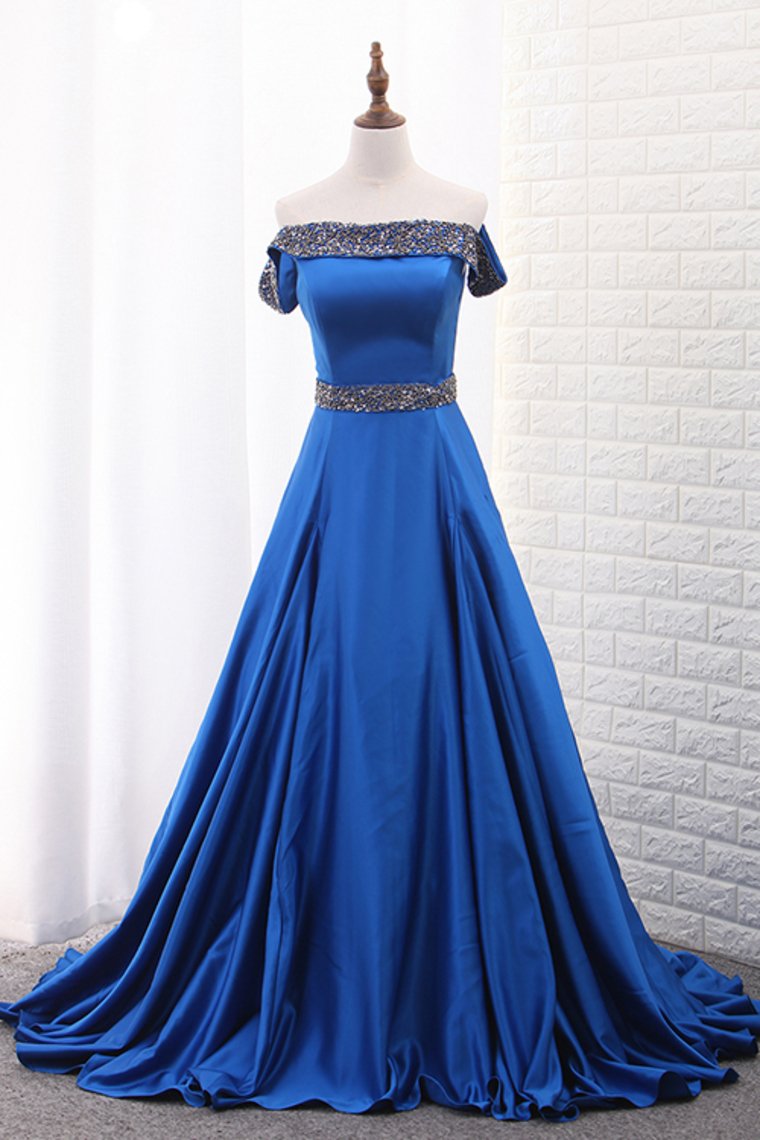 2024 Boat Neck Satin A Line With Beads Sweep Train Prom Dresses