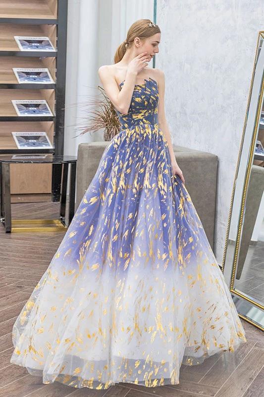 Charming Ombre Puffy Strapless Sparkly Prom Dress, Sexy Long Sleeveless Party Dresses SRS15118