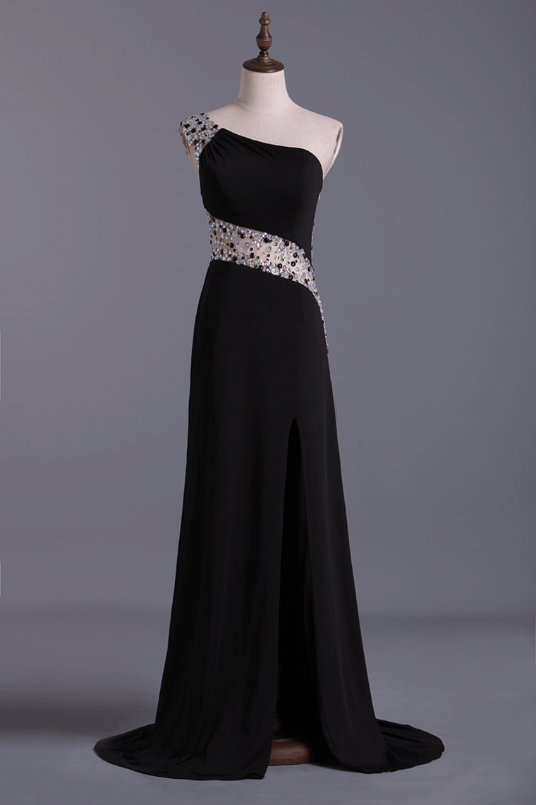 2024 Prom Dresses A Line One Shoulder With Slit And Beading Sweep Train