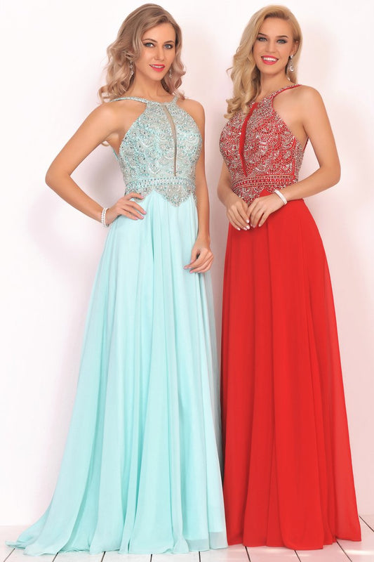 2024 A Line Chiffon Spaghetti Straps Prom Dresses With Beading Floor Length