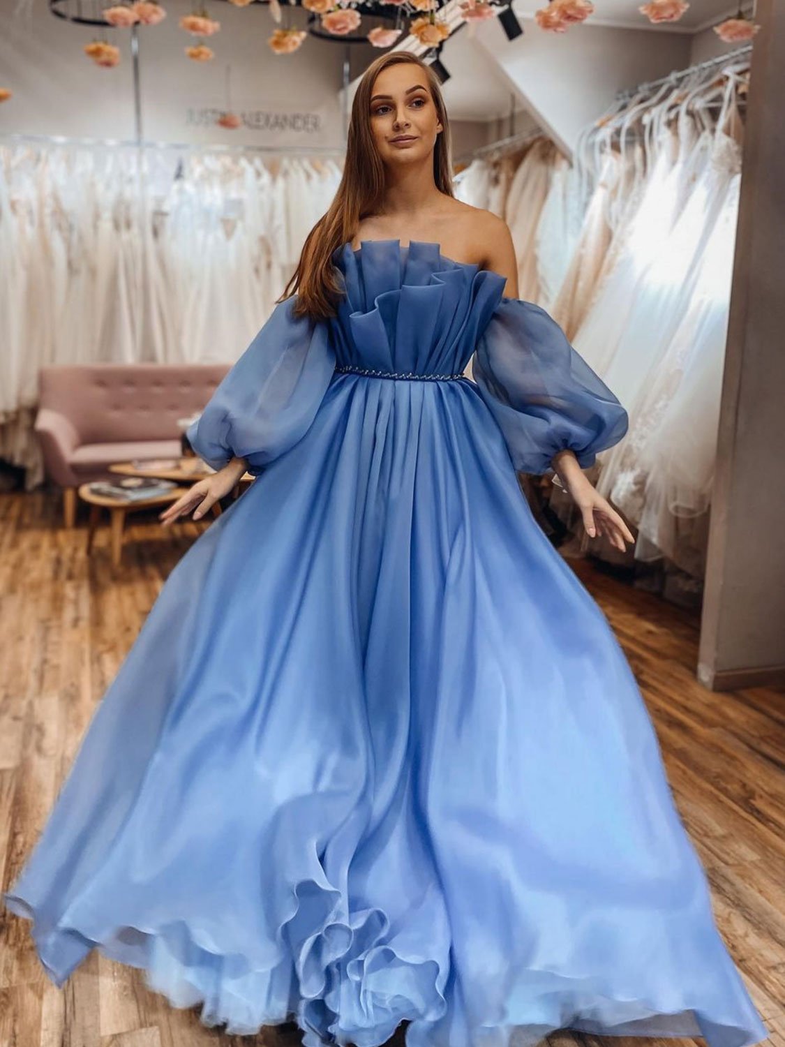 Blue Organza Long Prom Dresses,Off Shoulder Sleeveless Formal Dress