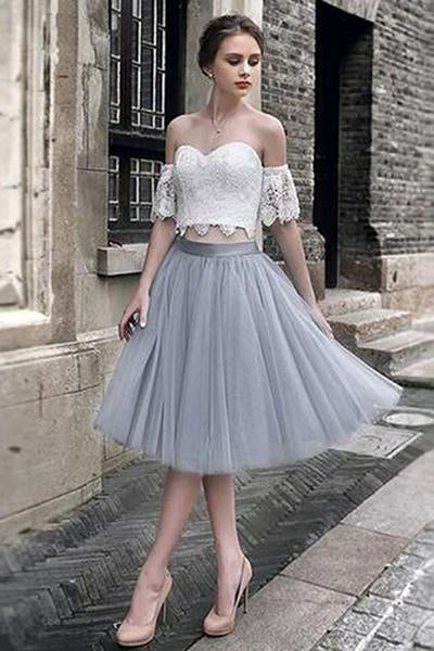 White Lace Tulle Two Pieces Off Shoulder Short Sleeve Short Prom Dress Homecoming Dress JS454