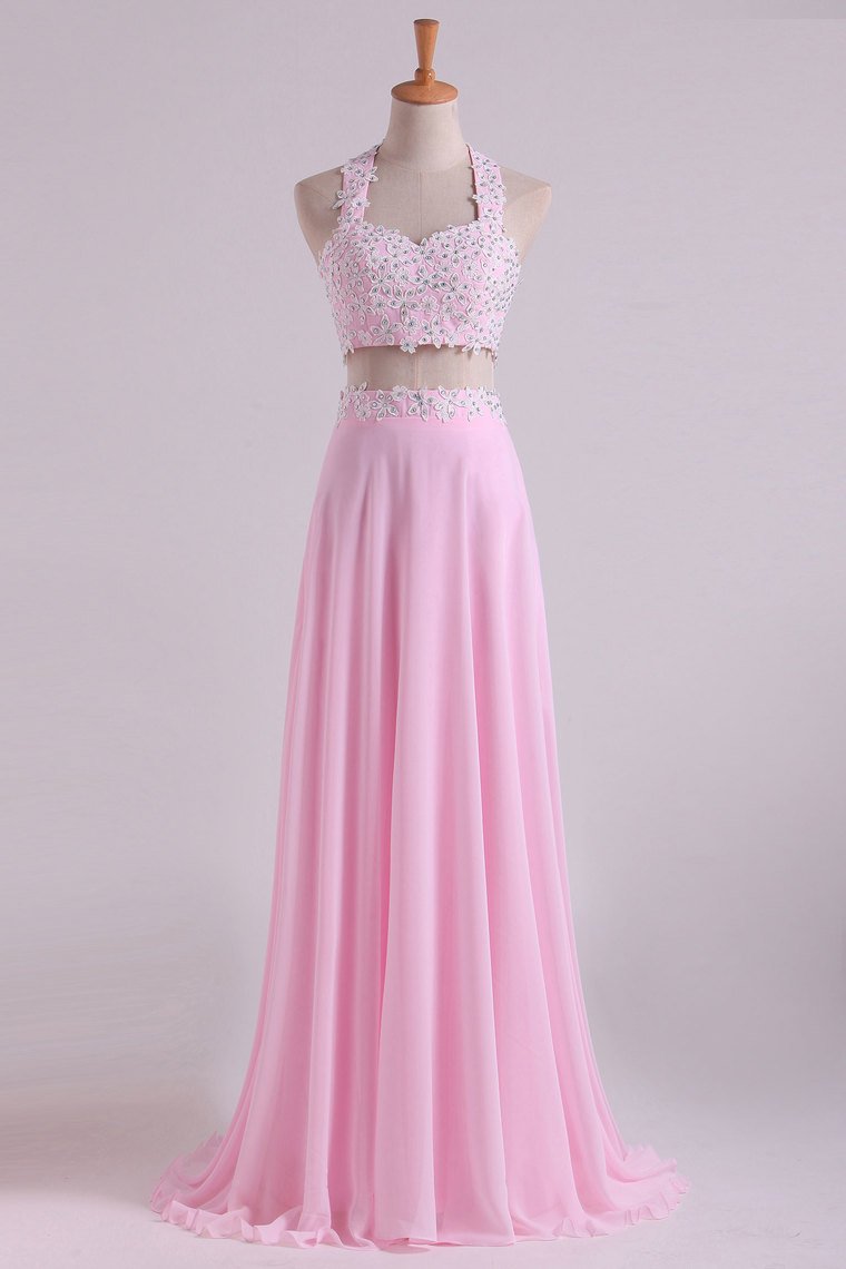 2024 Halter Prom Dresses A-Line With Applique Chiffon