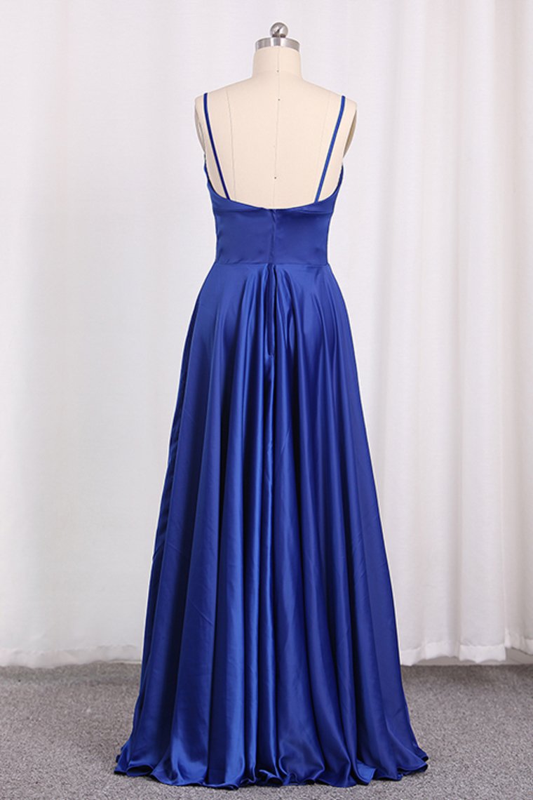 New Arrival Spaghetti Straps Satin A Line Evening Dresses With Slit