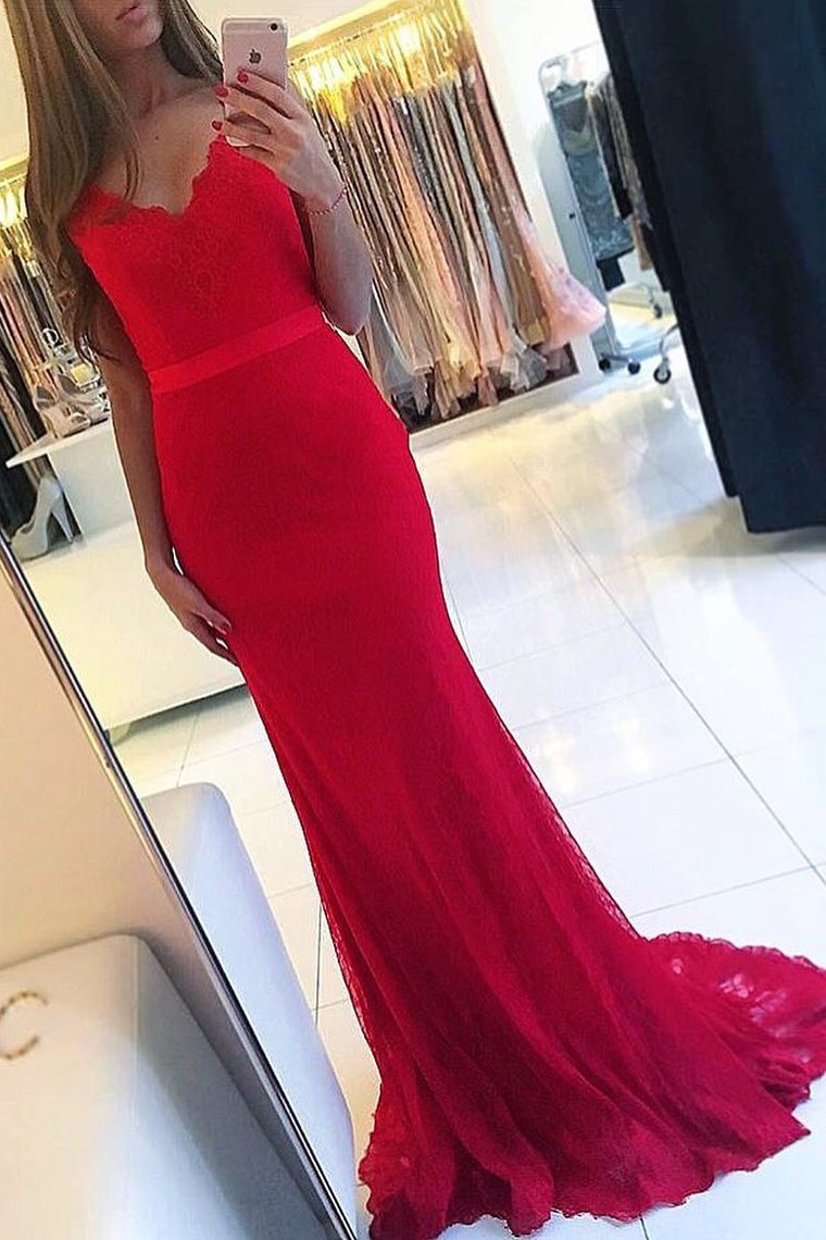 2022 V Neck Mermaid Lace Prom Dresses With Sash Sweep Train