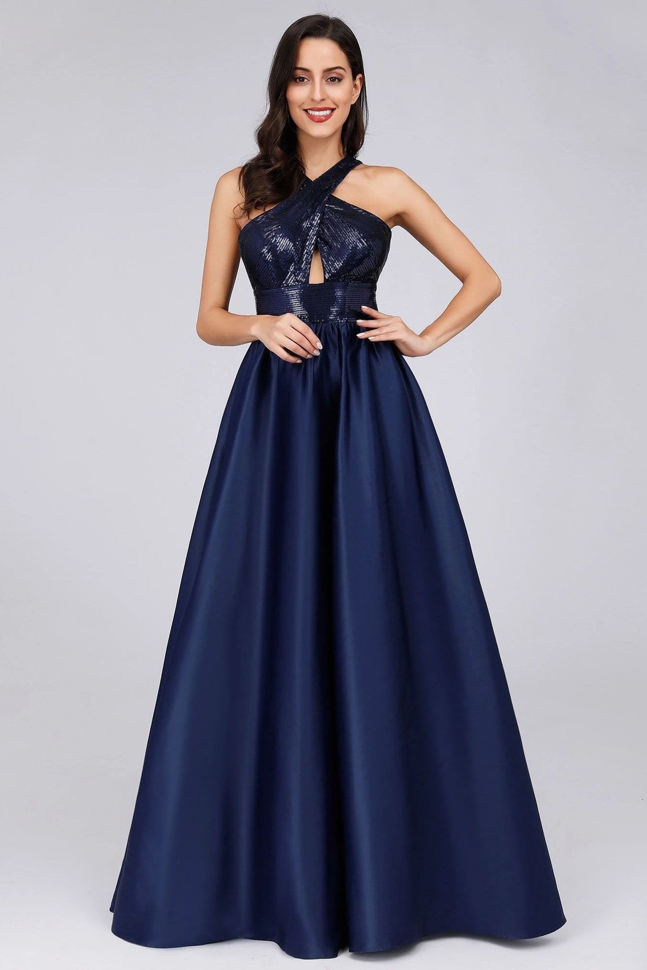 Cold Shoulder Sequin Navy Blue Prom Dresses Backless Satin Long Evening Dresses SRS15132