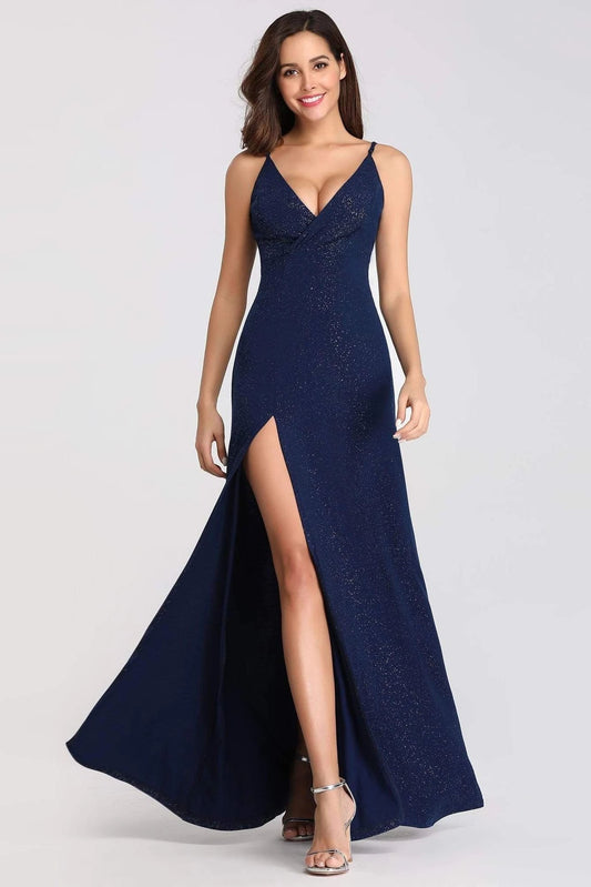 Sexy V Neck Long Spaghetti Straps Mermaid Navy Blue Prom Dresses with High Split SRS15366