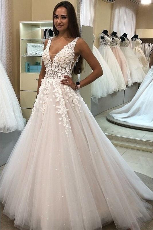 A Line V-neck Long Tulle Wedding Dress with Appliques, Cheap Bridal Dresses SRS15045
