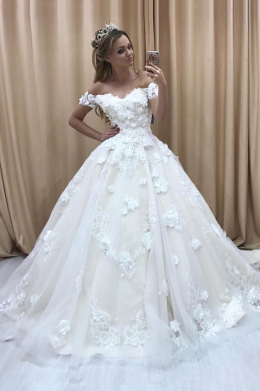 2024 A Line Off The Shoulder Wedding Dresses Tulle With Applique And Handmade Flower