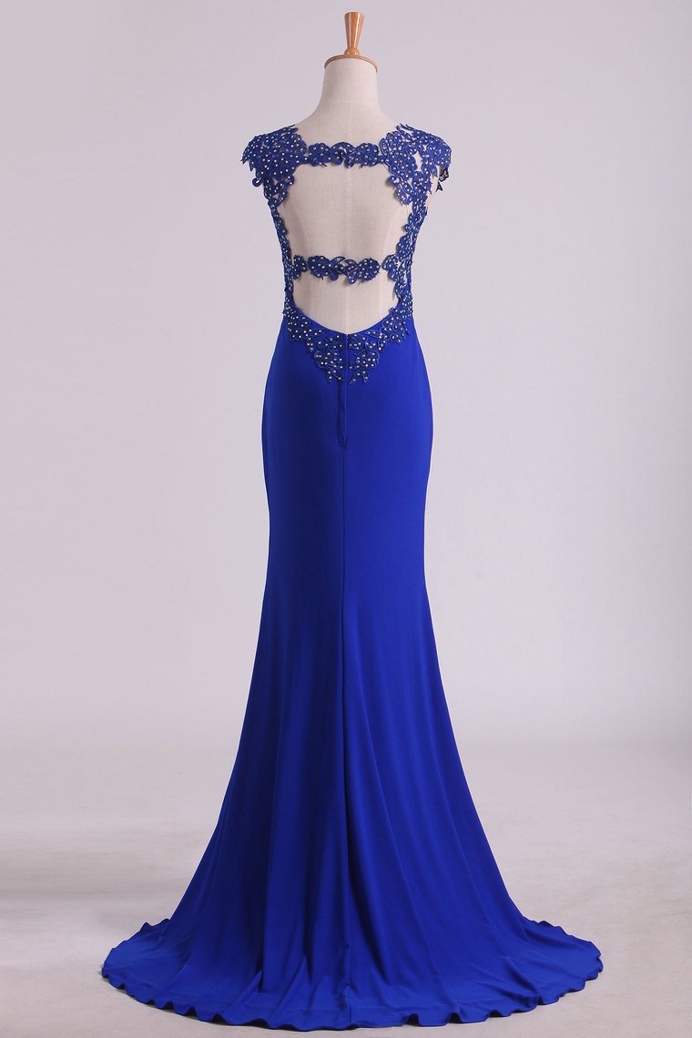 Prom Dresses Sheath Straps Spandex With Applique Open Back