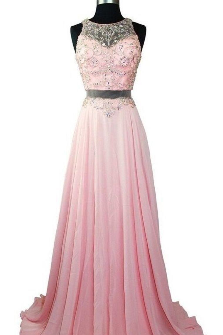 2024 Prom Dresses Scoop Neck Beaded Bodice A Line Chiffon Two Pieces