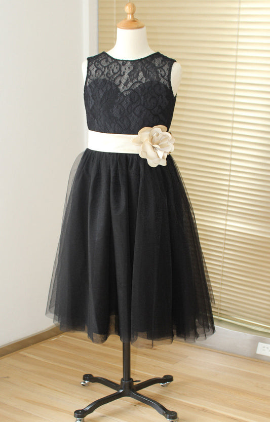Black Tulle and Lace Flower Girl Dress